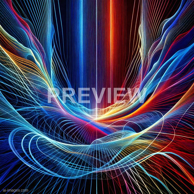 The image features a vibrant display of multicolored light trails arranged in a dynamic, swirling pattern that creates a sense of depth and motion. Bright lines in shades of blue, red, orange, yellow, and purple weave through a dark background, converging towards a bright vertical light source in the center, giving the appearance of flowing energy or abstract digital waves. The overall composition exudes a futuristic, high-tech aesthetic with intricate, glowing lines and layered textures.